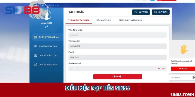 Điều kiện nạp tiền Sin88